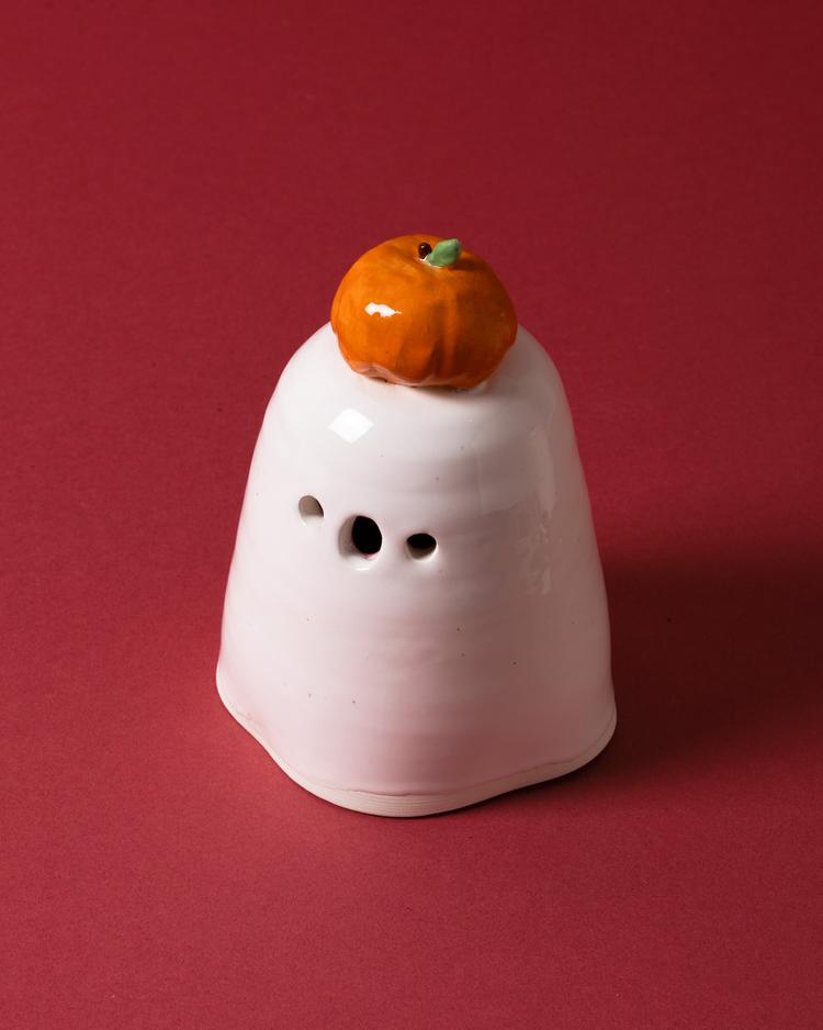 Ceramic ghost with pumpkin hat picture